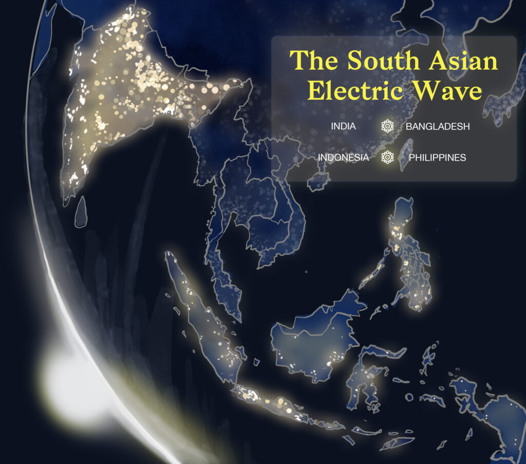 A map depicting South Asia at night, with cities across India, Indonesia, Bangladesh and the Philippines aglow with electricity